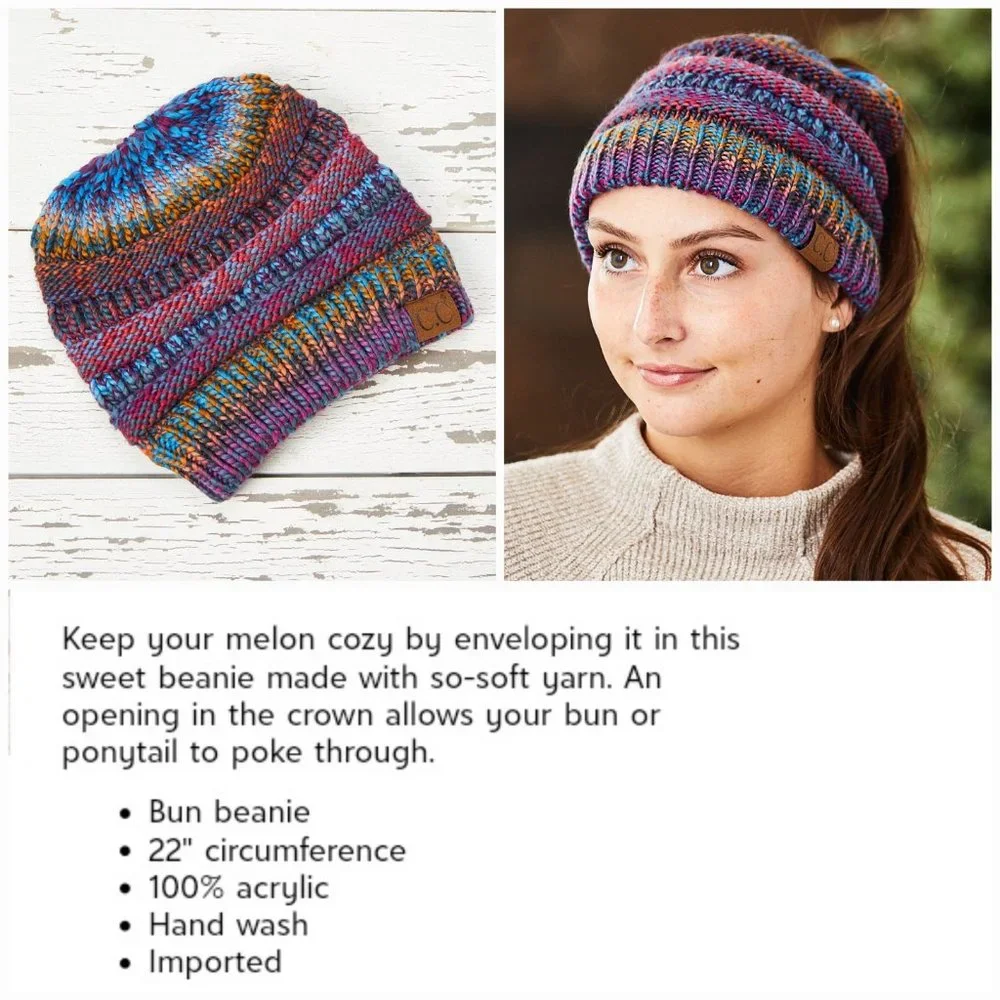 'C.C BEANIE' MESSY BUN BEANIE TAIL' VARIEGATED STRIPE - Picture 13 of 16